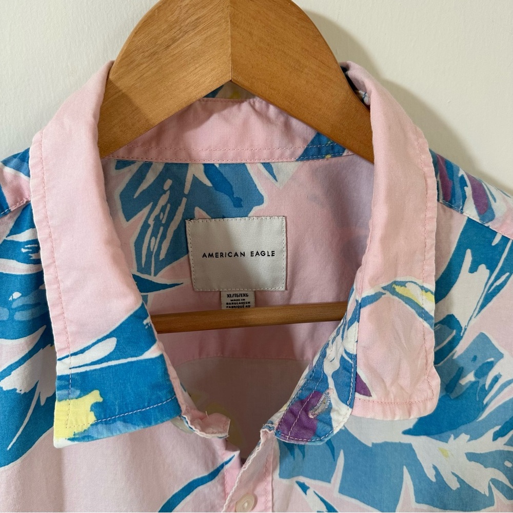 American Eagle Hawaiian Button Down Shirt Pink Blue Cotton Short Sleeve Men’s XL - Picture 3 of 9